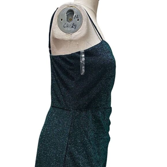 Trixxi Juniors Womens Metallic Gathered Mini Dress Hunter Green Above Knee Sz L - Picture 4 of 16